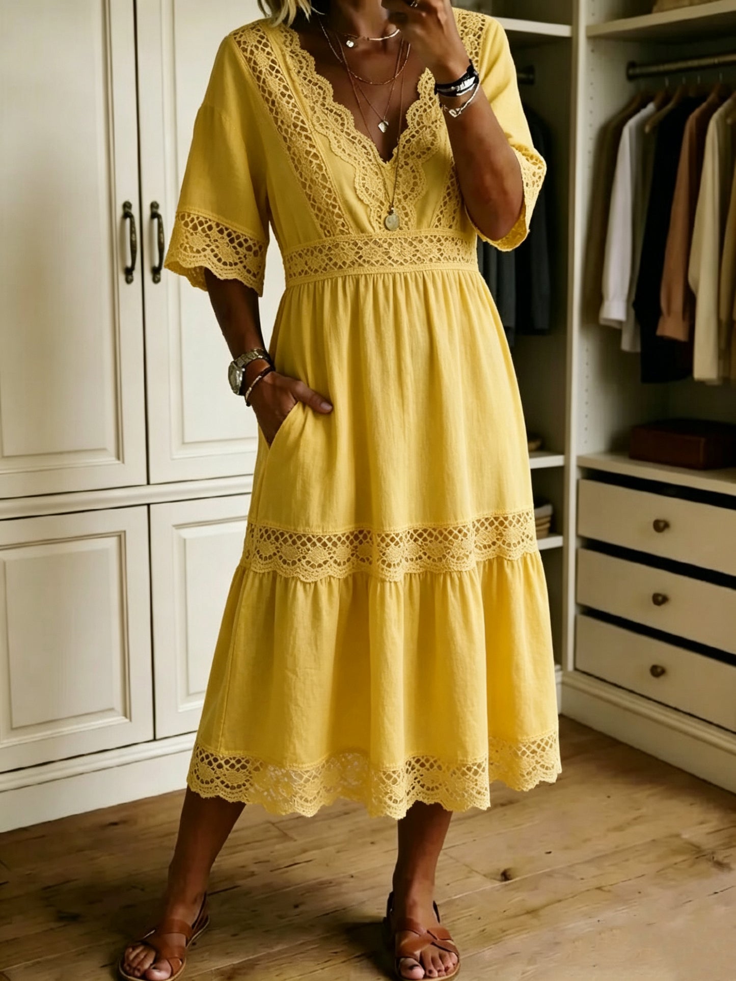 🔥Women's Casual Loose-fitting Patchwork Lace Trim Linen And Cotton Dress