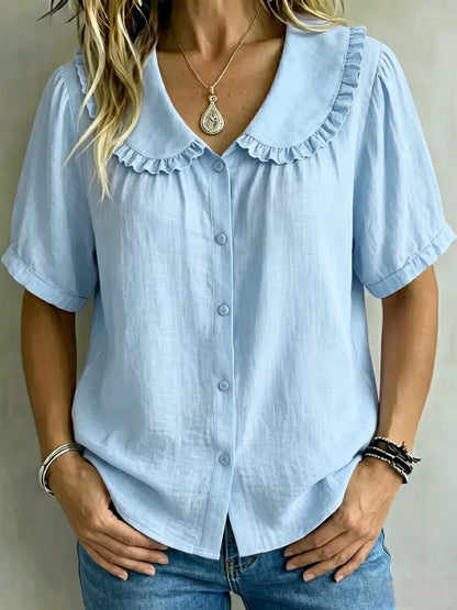 ⏰16-Pack Only $35👕 Women's Ruffle Trim Collared Button-Up Short Sleeve Shirt - Limited Stock Once They’re Gone, They’re Gone!