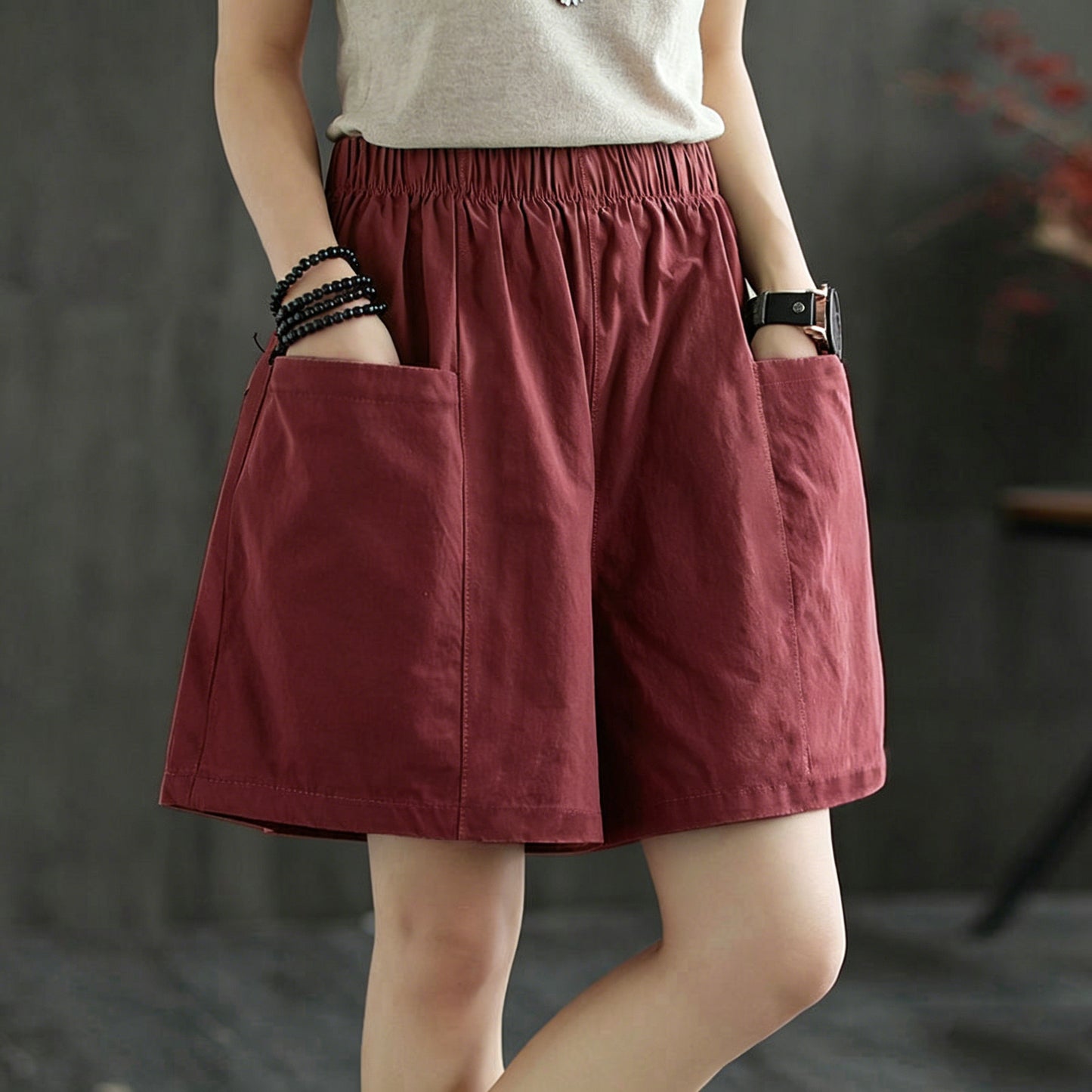 Casual High-Waist Elastic Pocket Shorts – Summer Comfort for Women