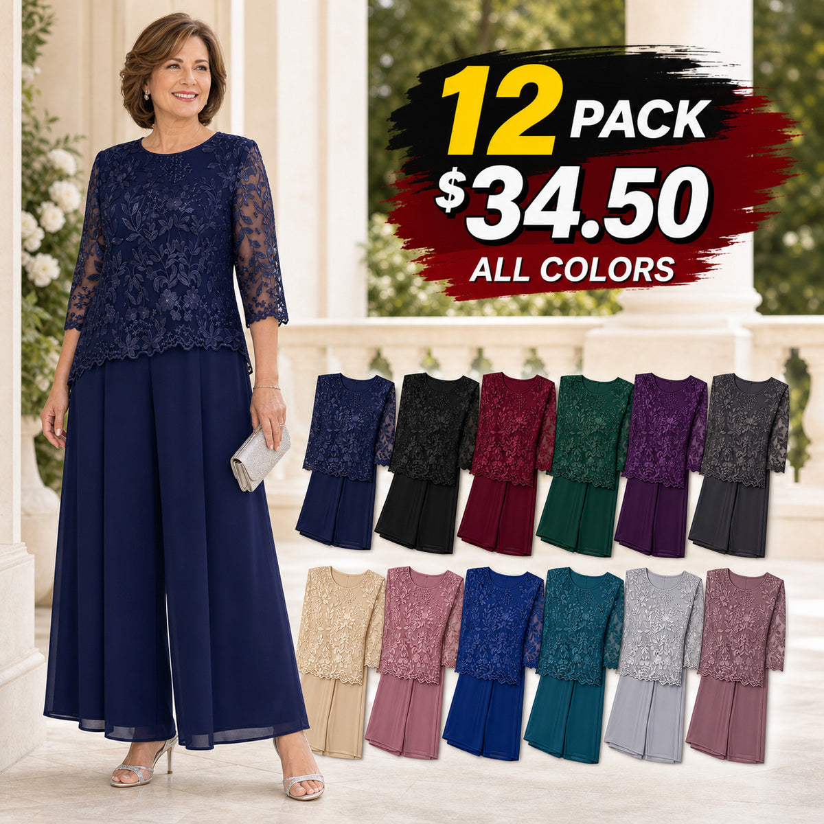 Women's Floral Lace Overlay Top & Wide-Leg Pant Set