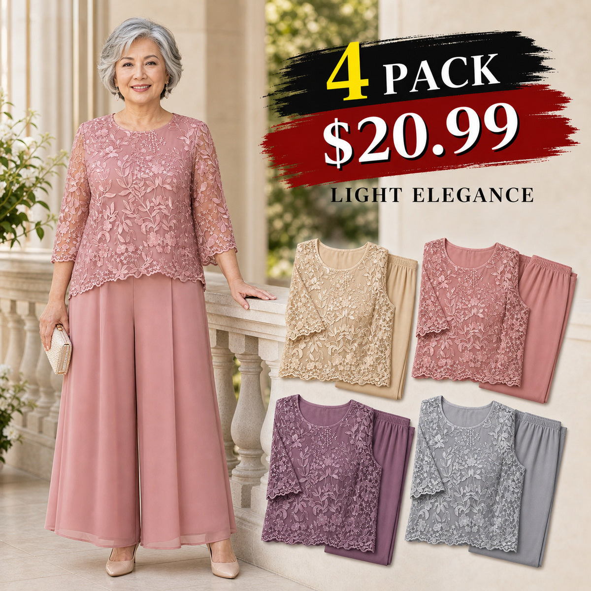Women's Floral Lace Overlay Top & Wide-Leg Pant Set