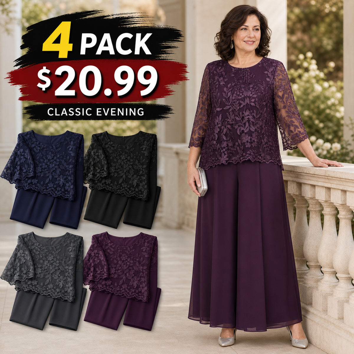 Women's Floral Lace Overlay Top & Wide-Leg Pant Set