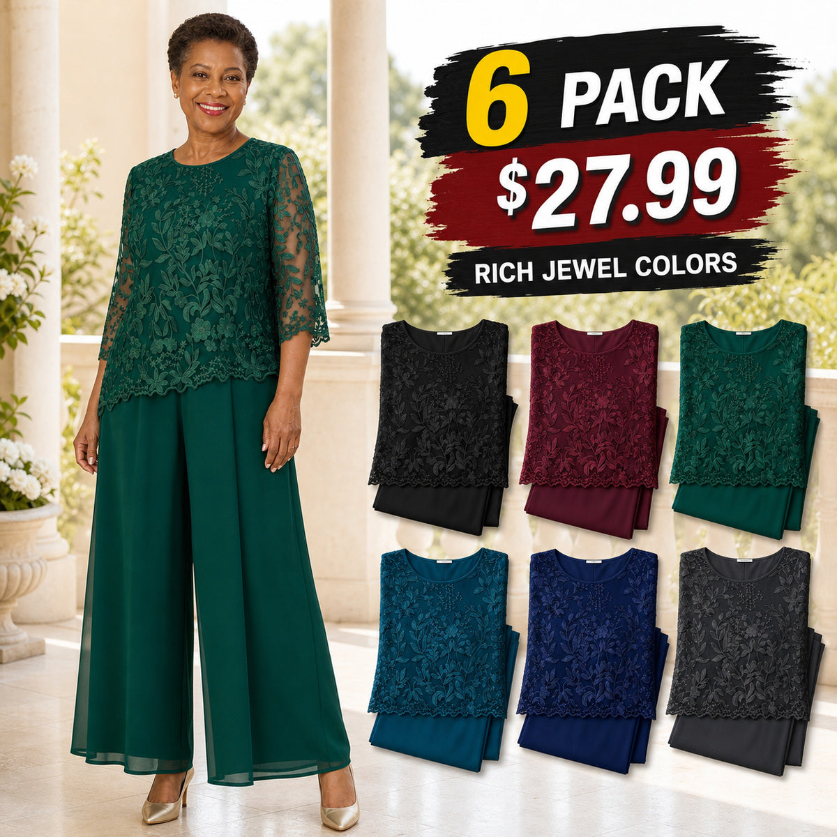 Women's Floral Lace Overlay Top & Wide-Leg Pant Set