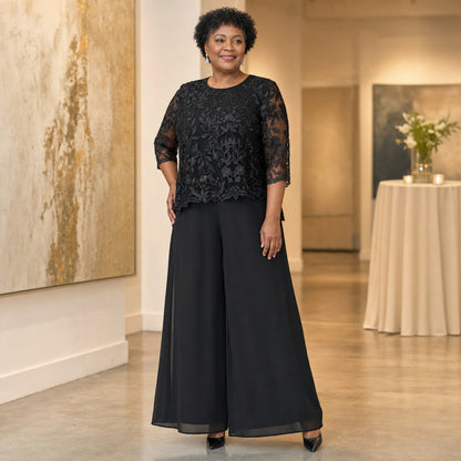 Women's Floral Lace Overlay Top & Wide-Leg Pant Set