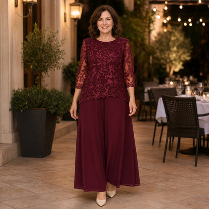 Women's Floral Lace Overlay Top & Wide-Leg Pant Set