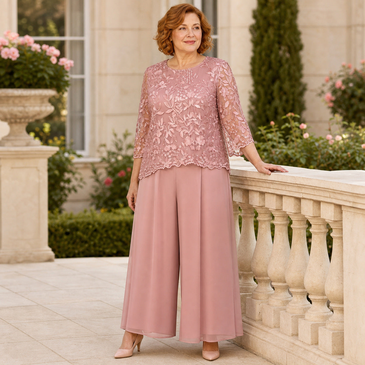 Women's Floral Lace Overlay Top & Wide-Leg Pant Set
