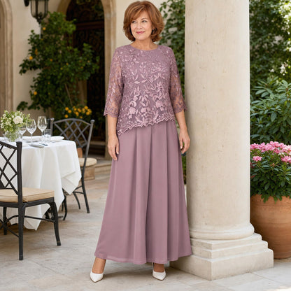 Women's Floral Lace Overlay Top & Wide-Leg Pant Set