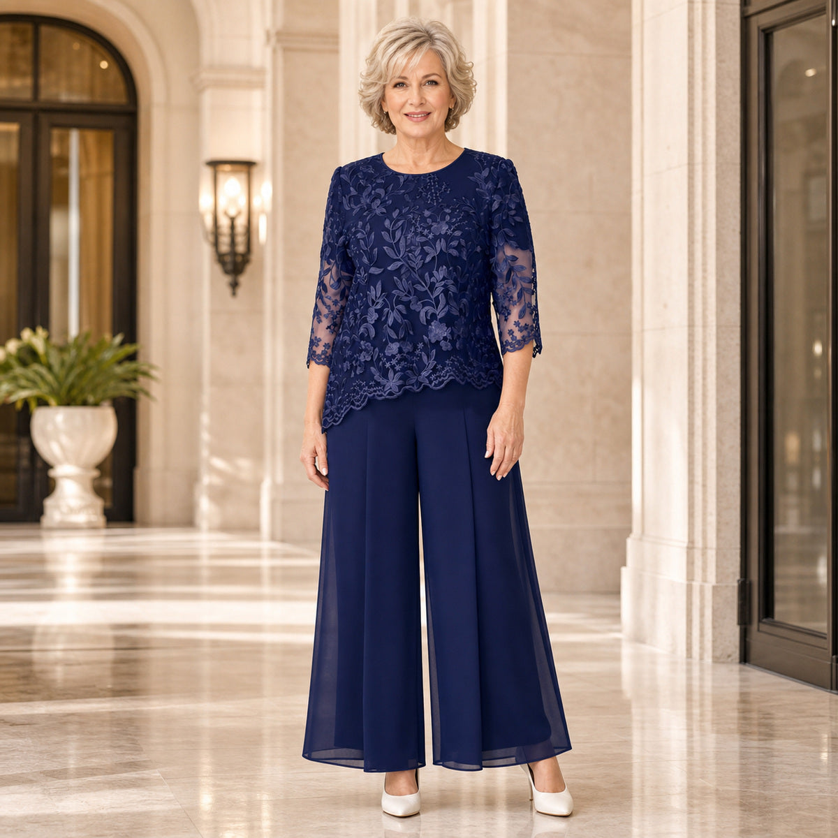 Women's Floral Lace Overlay Top & Wide-Leg Pant Set
