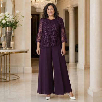 Women's Floral Lace Overlay Top & Wide-Leg Pant Set