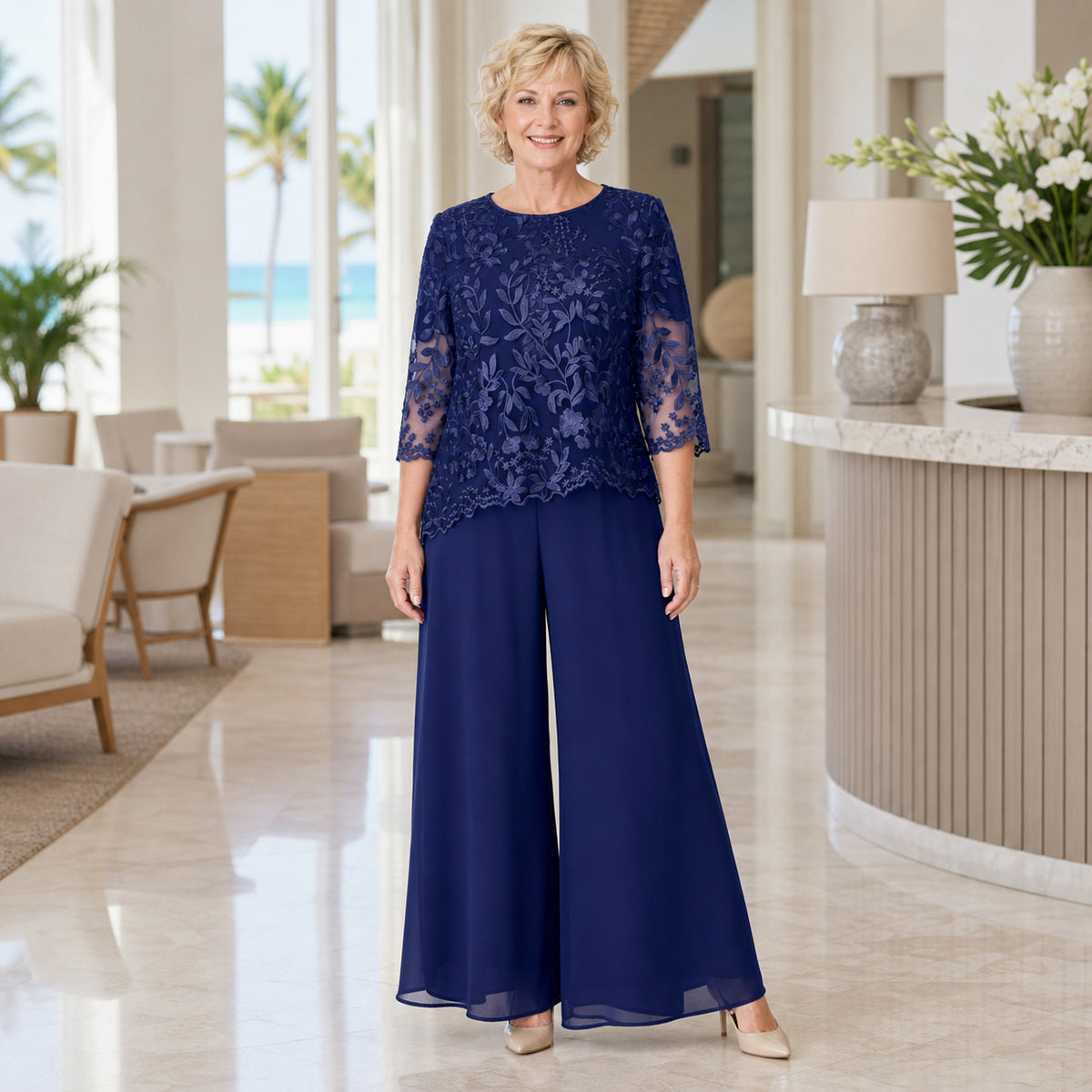 Women's Floral Lace Overlay Top & Wide-Leg Pant Set