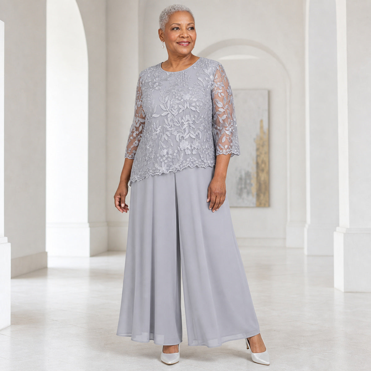 Women's Floral Lace Overlay Top & Wide-Leg Pant Set