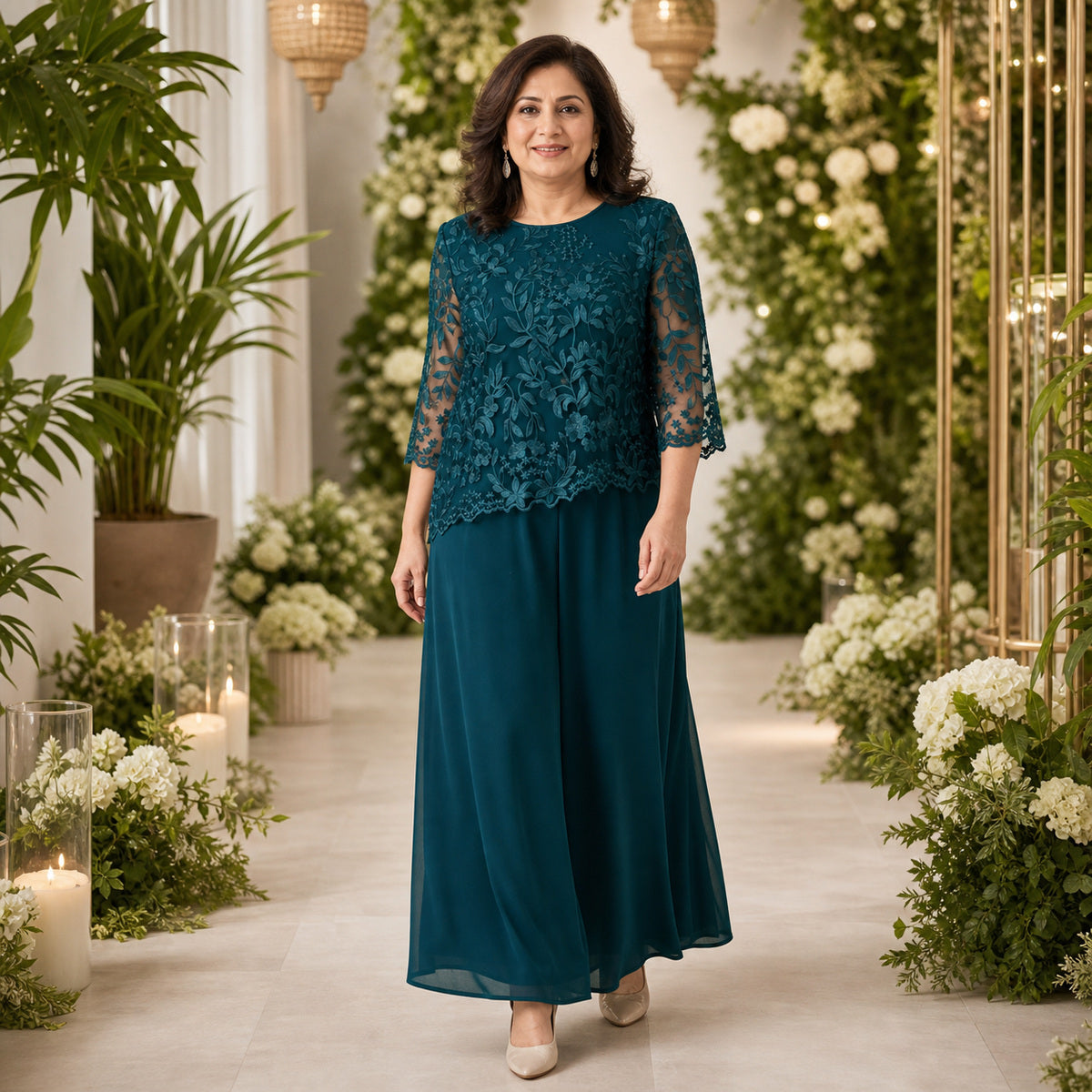 Women's Floral Lace Overlay Top & Wide-Leg Pant Set