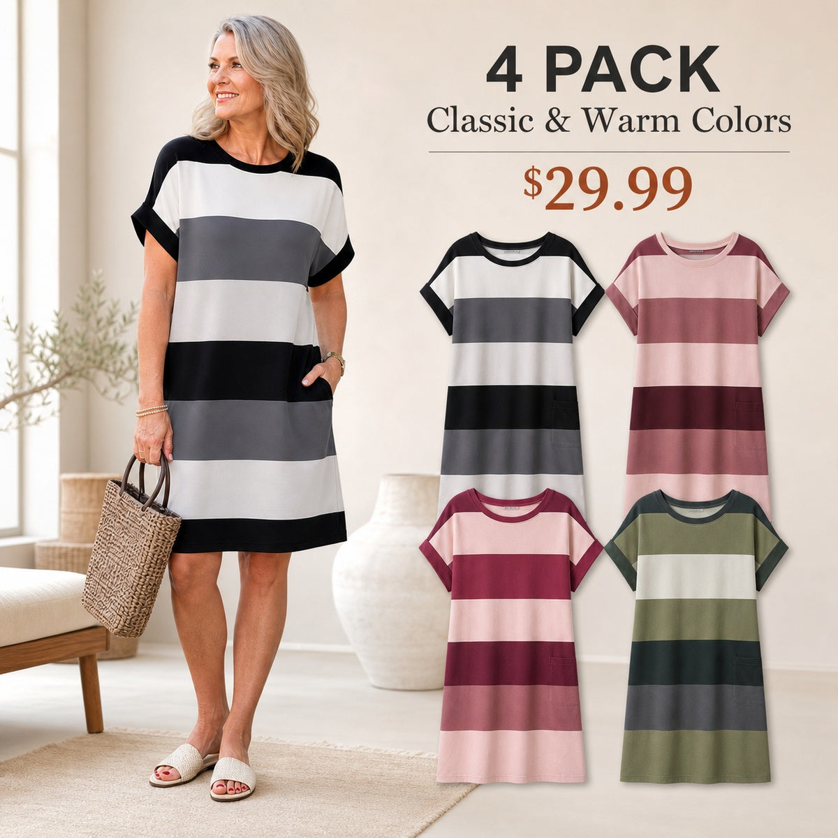 Women's Relaxed Striped T-Shirt Dress with Pockets