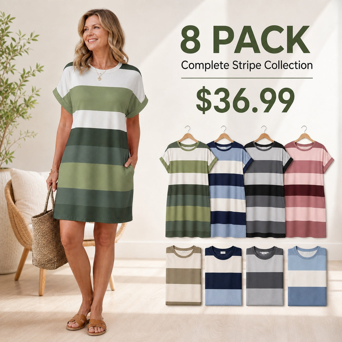 Women's Relaxed Striped T-Shirt Dress with Pockets