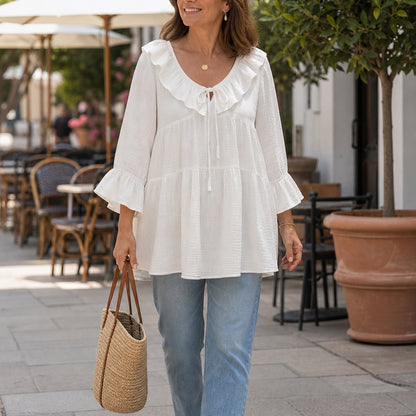 Women's Ruffle Tie-Neck Gauze Tunic Blouse