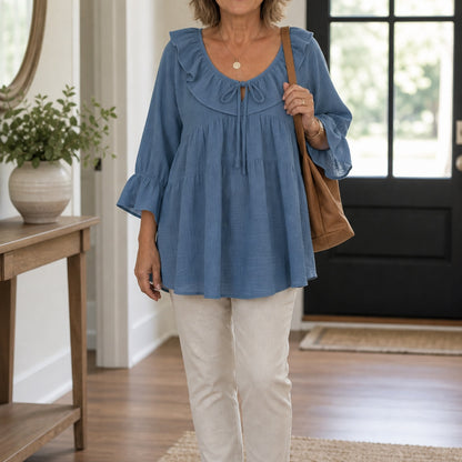Women's Ruffle Tie-Neck Gauze Tunic Blouse