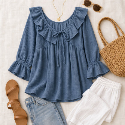Women's Ruffle Tie-Neck Gauze Tunic Blouse