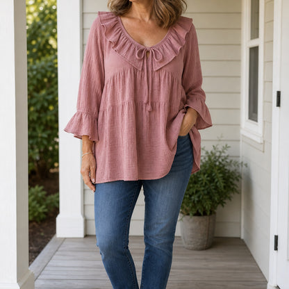 Women's Ruffle Tie-Neck Gauze Tunic Blouse