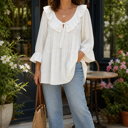 Women's Ruffle Tie-Neck Gauze Tunic Blouse