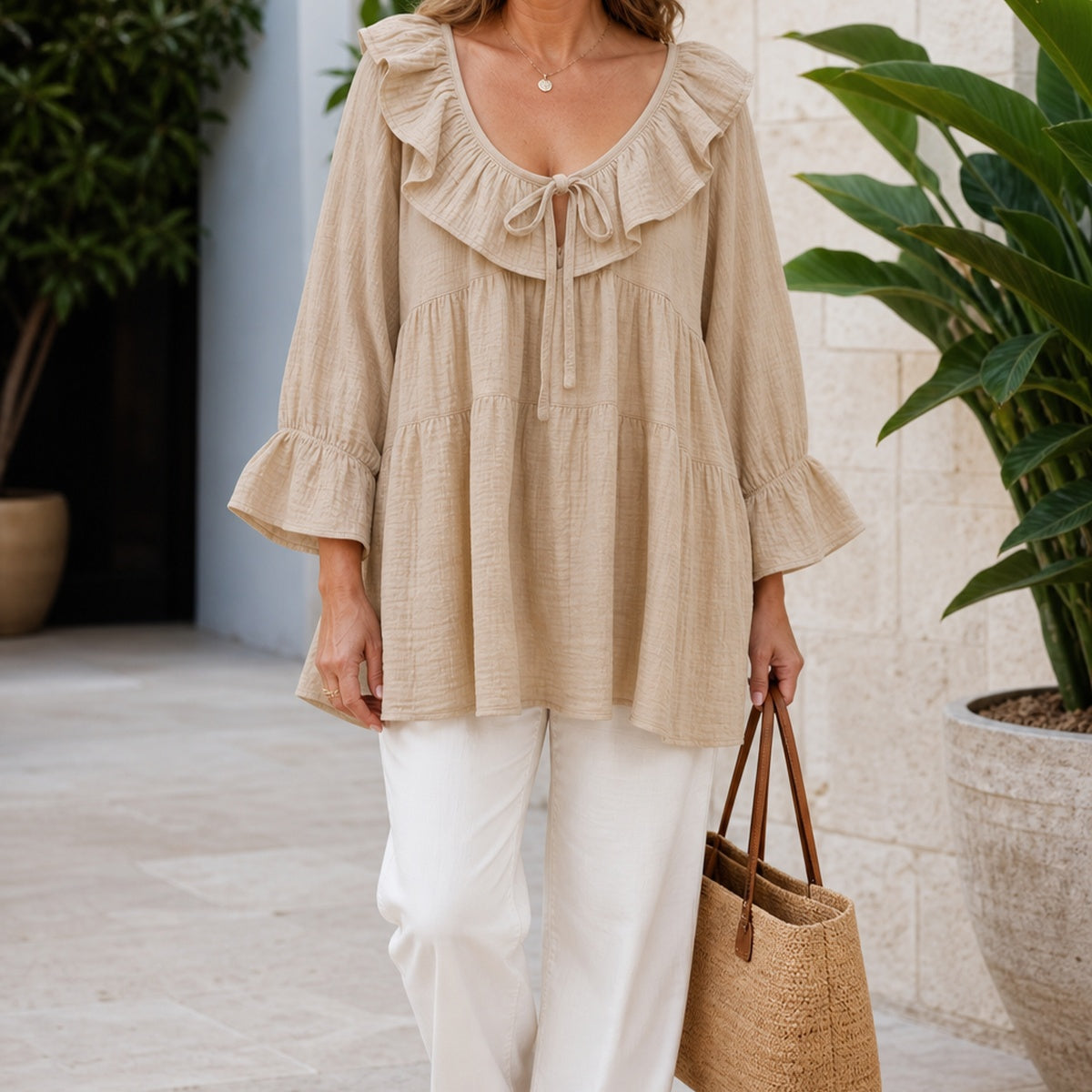 Women's Ruffle Tie-Neck Gauze Tunic Blouse
