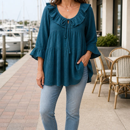 Women's Ruffle Tie-Neck Gauze Tunic Blouse