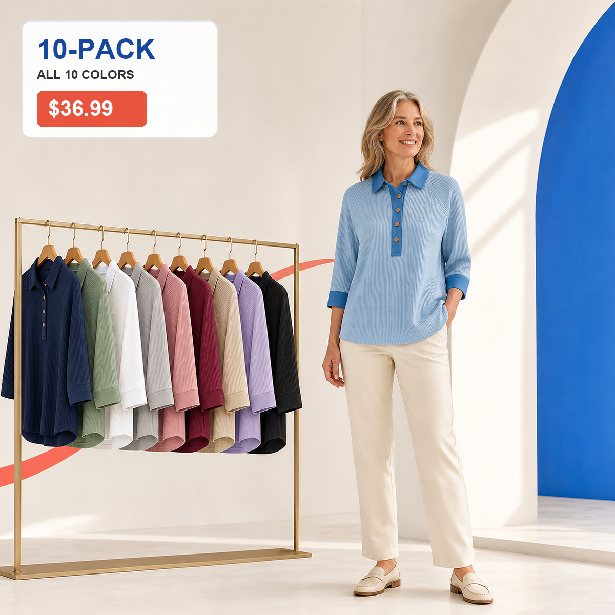 Women's Textured Three-Quarter Sleeve Polo Tunic