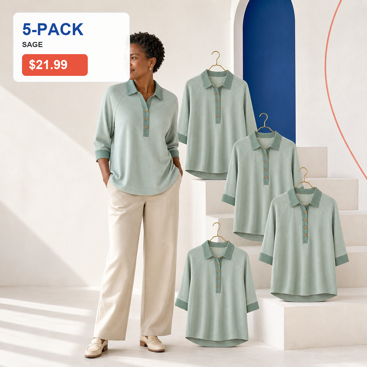 Women's Textured Three-Quarter Sleeve Polo Tunic
