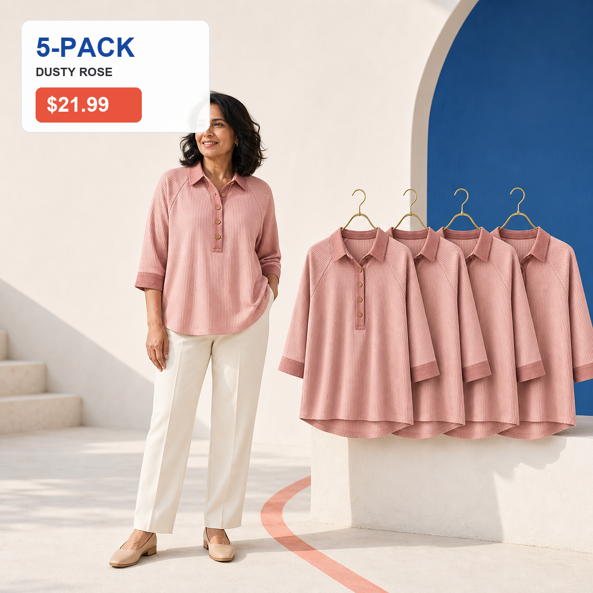 Women's Textured Three-Quarter Sleeve Polo Tunic