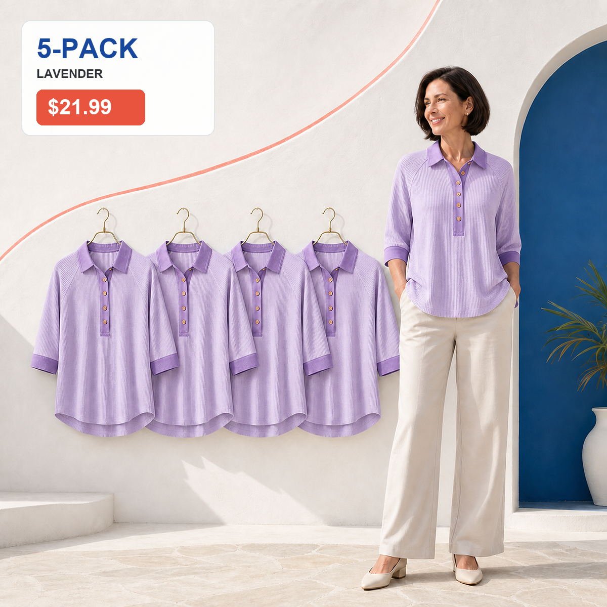 Women's Textured Three-Quarter Sleeve Polo Tunic
