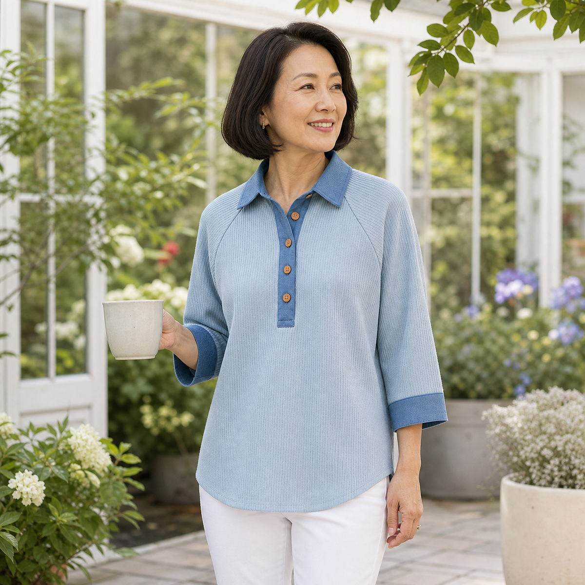 Women's Textured Three-Quarter Sleeve Polo Tunic