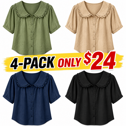 ⏰16-Pack Only $35👕 Women's Ruffle Trim Collared Button-Up Short Sleeve Shirt - Limited Stock Once They’re Gone, They’re Gone!