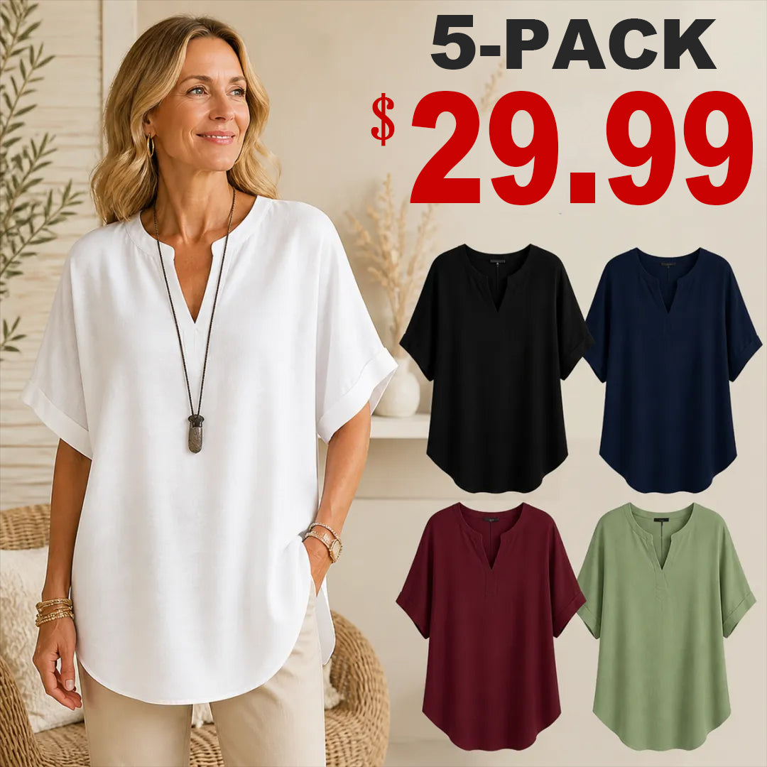 🔥Special Offer Event⚡10-Pack for Only $34.99⚡Women’s Loose-Fit Cotton-Linen Short-Sleeve Top with V-Neck and Rounded Hem