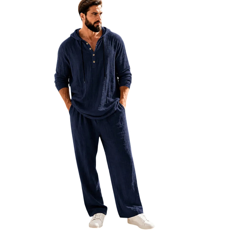 ⏰Clearance Sale⚡10-Sets Only $37.99 ⚡ Two-Piece Linen Set with Hooded Henley Top and Relaxed Trousers