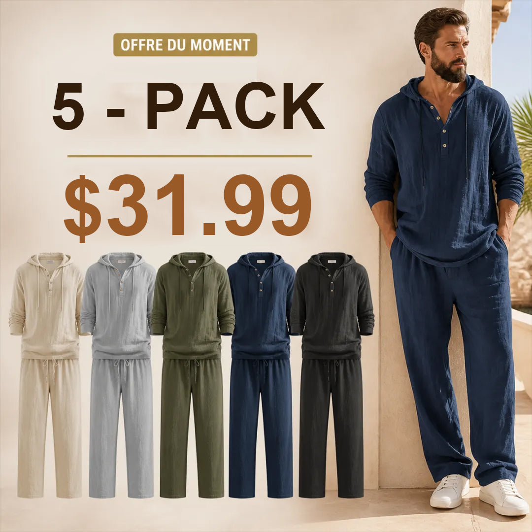 ⏰Clearance Sale⚡10-Sets Only $37.99 ⚡ Two-Piece Linen Set with Hooded Henley Top and Relaxed Trousers