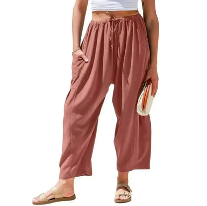 Women's Linen Wide Leg Pants Casual Loose Drawstring Low Waist with Pockets