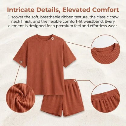 Women’s Ribbed Knit Lounge Set – Short Sleeve Top & High Waist Shorts