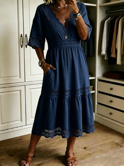 🔥Women's Casual Loose-fitting Patchwork Lace Trim Linen And Cotton Dress