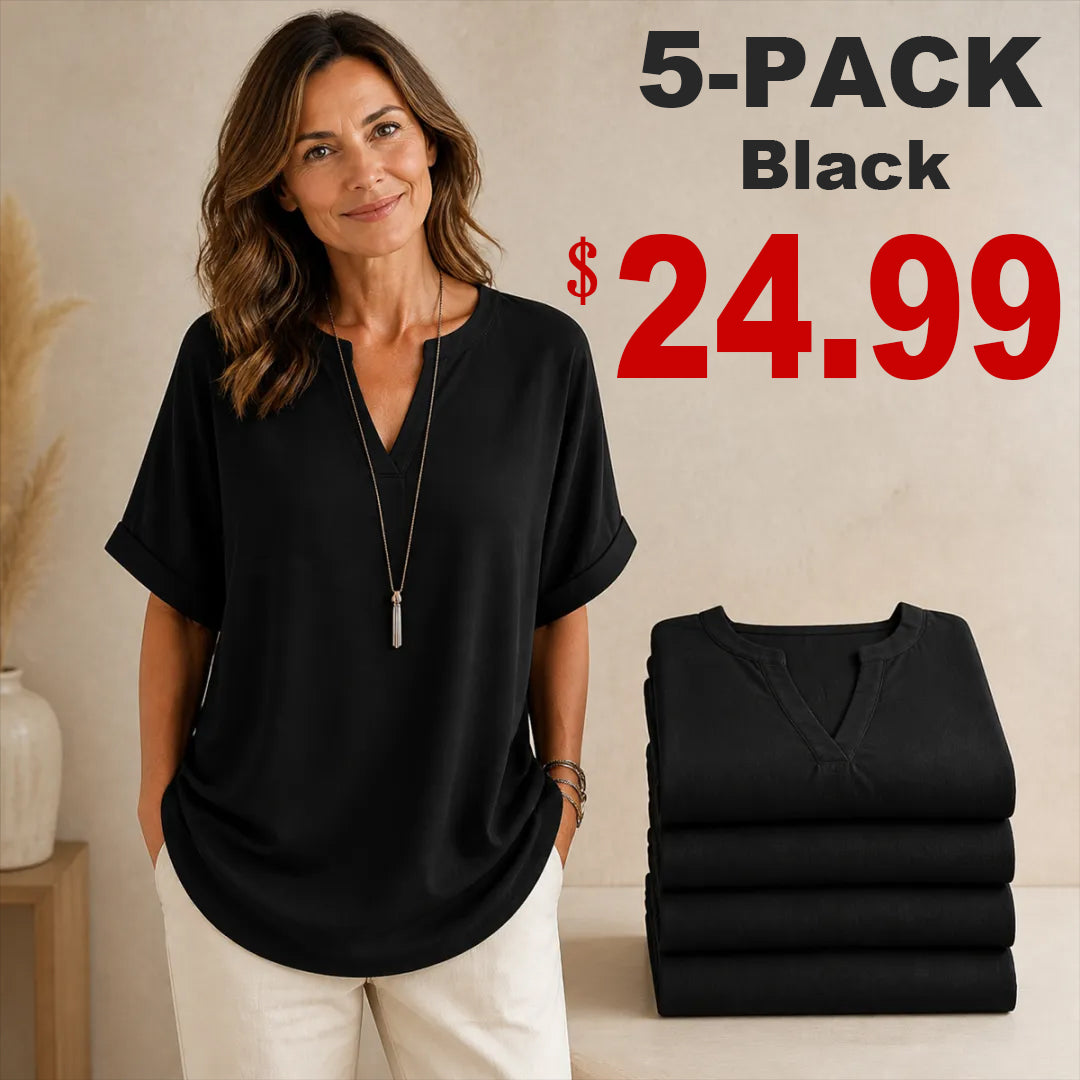 🔥Special Offer Event⚡10-Pack for Only $34.99⚡Women’s Loose-Fit Cotton-Linen Short-Sleeve Top with V-Neck and Rounded Hem