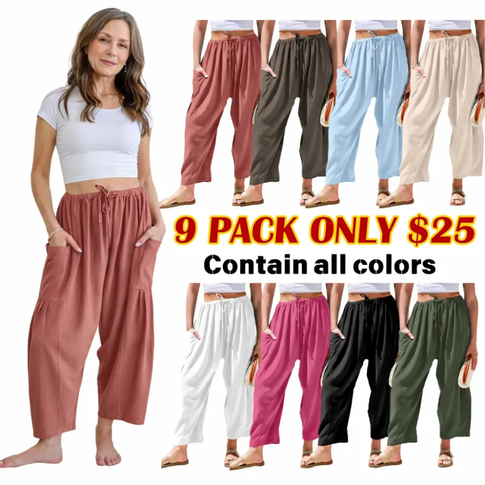 Women's Linen Wide Leg Pants Casual Loose Drawstring Low Waist with Pockets