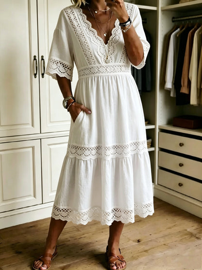 🔥Women's Casual Loose-fitting Patchwork Lace Trim Linen And Cotton Dress