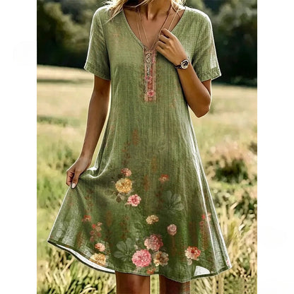 Women’s Boho Floral Print V-Neck Summer Dress – Lightweight Vacation Beach Midi Dress