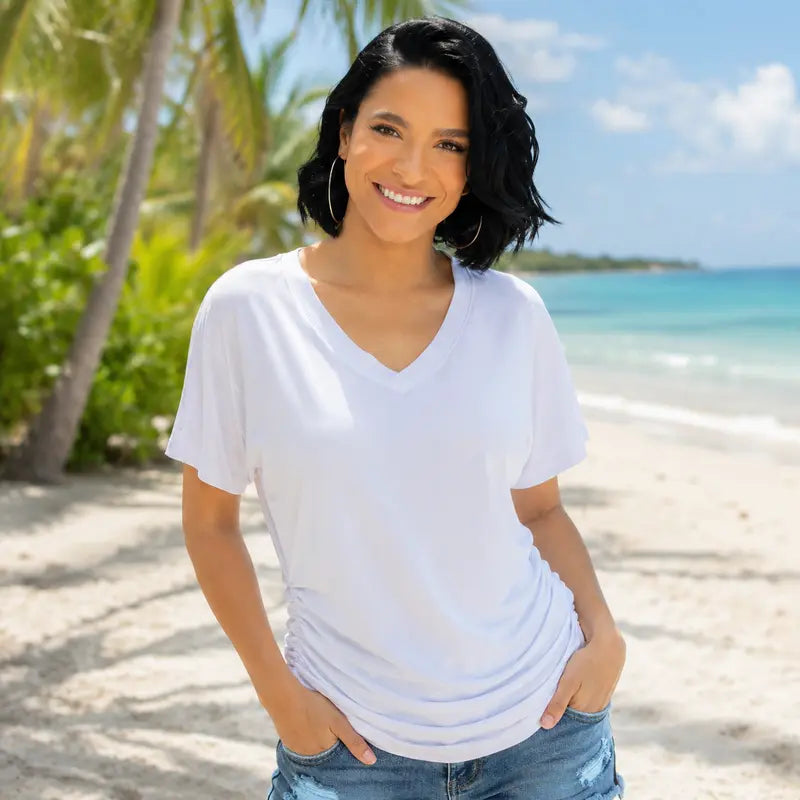 SwimWeek Womens Short Sleeve V Neck Dolman Tops with Side Shirring Loose Fit Shirts