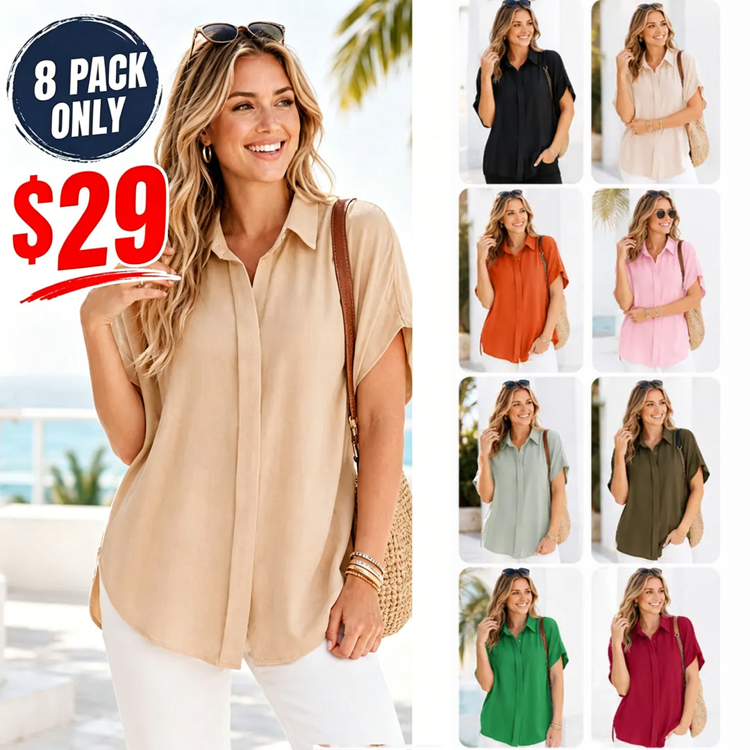 Women's Tops Dressy Casual V Neck Button Down Shirts Solid Short Sleeve Blouses Oversized Fit Batwing Collared Baggy Minimalist Style