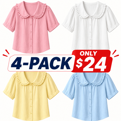 ⏰16-Pack Only $35👕 Women's Ruffle Trim Collared Button-Up Short Sleeve Shirt - Limited Stock Once They’re Gone, They’re Gone!