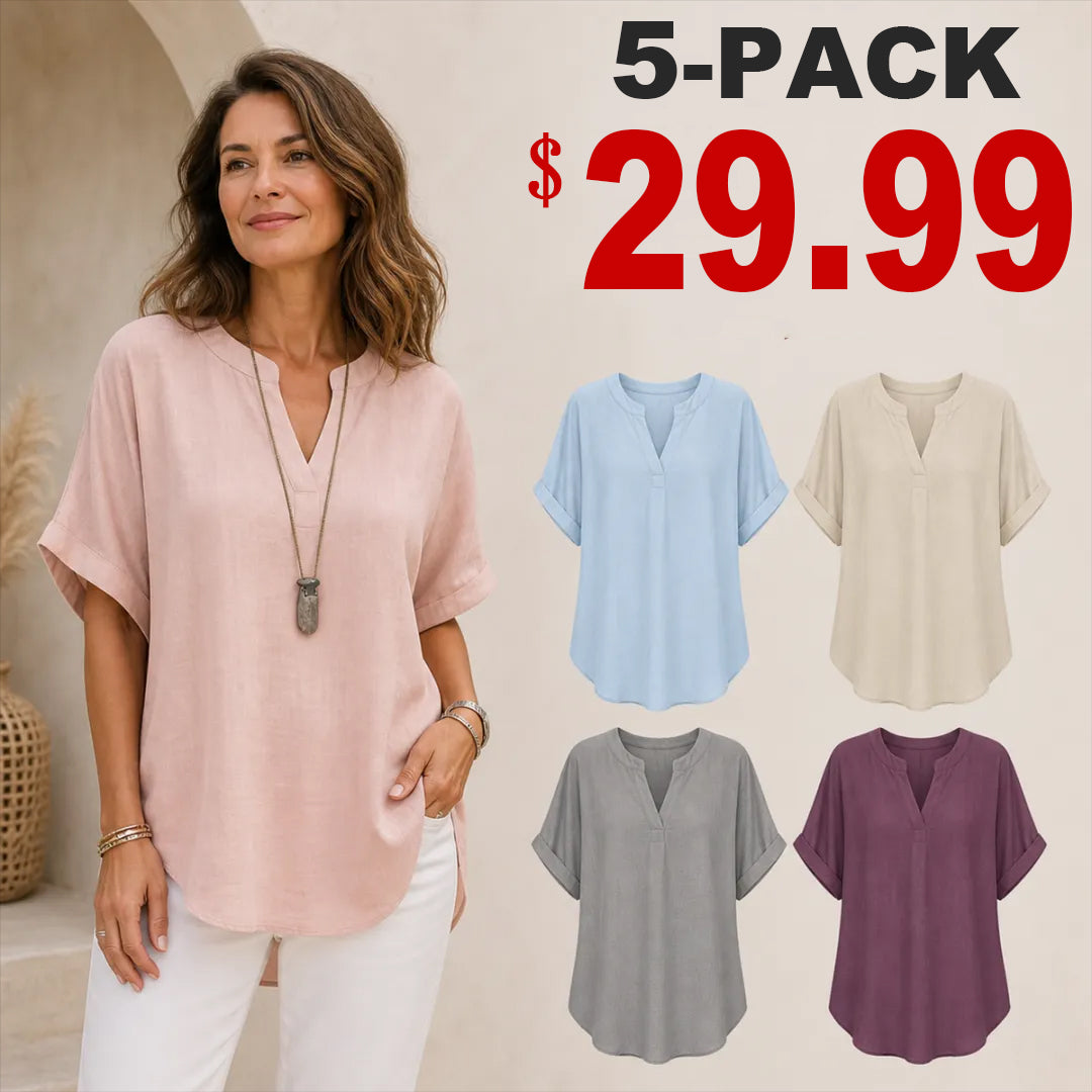 🔥Special Offer Event⚡10-Pack for Only $34.99⚡Women’s Loose-Fit Cotton-Linen Short-Sleeve Top with V-Neck and Rounded Hem