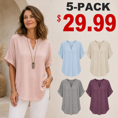 🔥Special Offer Event⚡10-Pack for Only $34.99⚡Women’s Loose-Fit Cotton-Linen Short-Sleeve Top with V-Neck and Rounded Hem