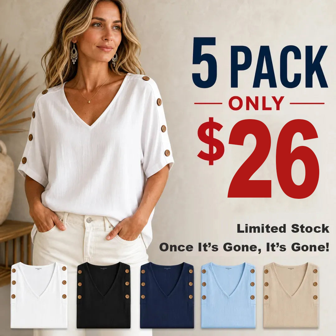 ⏰Clearance Sale⚡20-Pack Only $38⚡Women's V-Neck Button Sleeve Linen Blouse