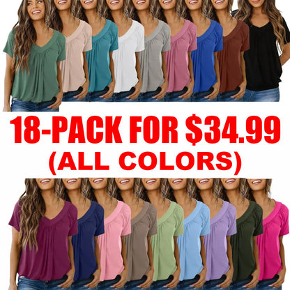 Women's Casual Summer Short Sleeve V-neck Tops T-shirts - Loose Fit & Comfortable Shirring Top