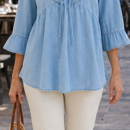 Women's Ruffle Tie-Front Denim Blouse