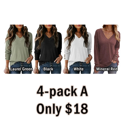 Women's Casual Long Sleeve V-Neck Pullover Shirts Loose Fit Lightweight Knit Tops